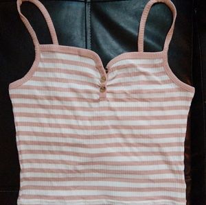 Topshop Pink and White Stripe Button Neck Crop Top
